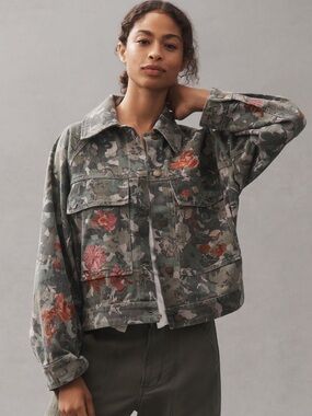 Anthropologie Pilcro Embroidered Camo Utility Jean Jacket XS